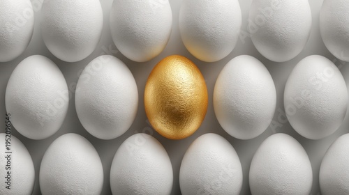 Single unique golden egg standing out among a precise grid of white eggs