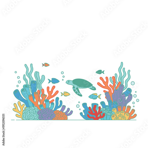 Vibrant underwater coral reef teeming with marine life, featuring a sea turtle and tropical fish in a whimsical illustration style