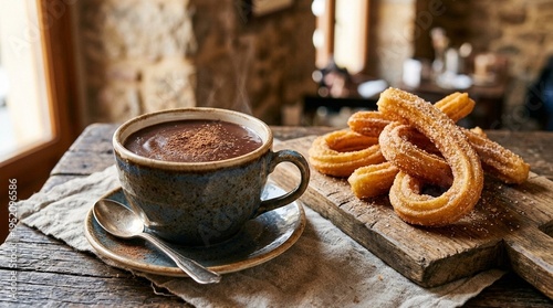 Close-up of thick Spanish hot chocolate in a ceramic cup with churros beside, no text, no logos, no faces, Spanish breakfast concept for cafe brand or culinary editorial, commercial use