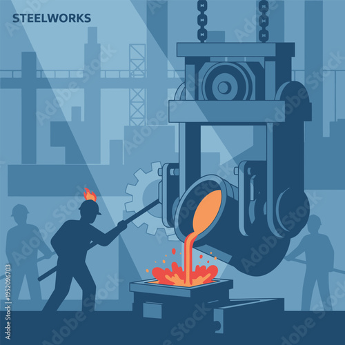Industrial Steelworks Molten Metal Pouring Process.