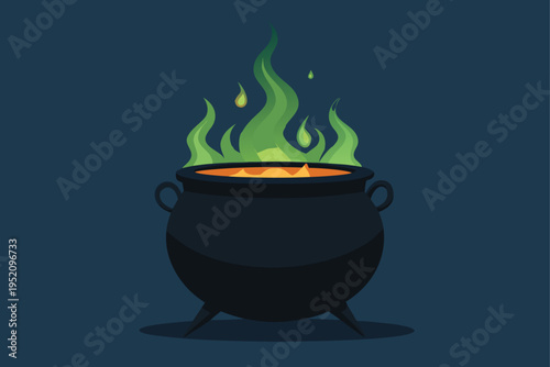 Set of magical witch cauldrons with bubbling green potion, spooky Halloween vector icons for party posters, invitations, and digital stickers.