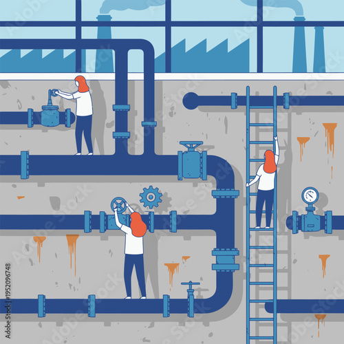 Industrial workers maintaining complex pipe system with valves and gauges.