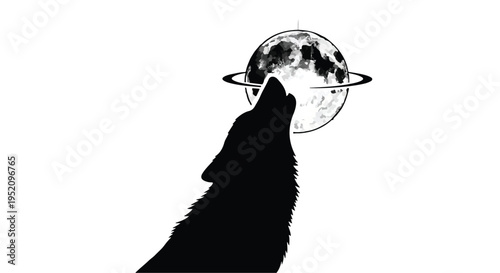 Wolf silhouette howls at a stylized moon with a planetary ring, set against a plain.
