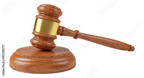 A wooden judge's gavel with a gold band on a black background