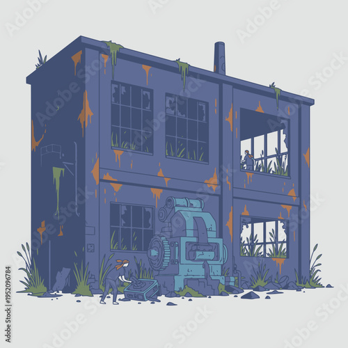 Abandoned two story industrial building overgrown with plants.