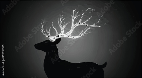 Deer silhouette features glowing, fragmented antlers formed by abstract symbols.