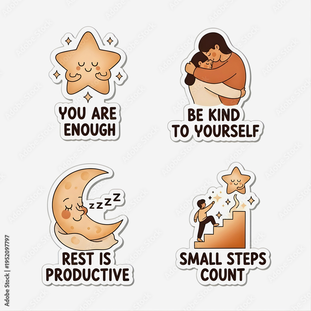 Fototapeta premium Mental Health Affirmation Sticker Set, Cute Cartoon Self Care Quotes with Moon Stars and Hugging Characters Isolated on White
