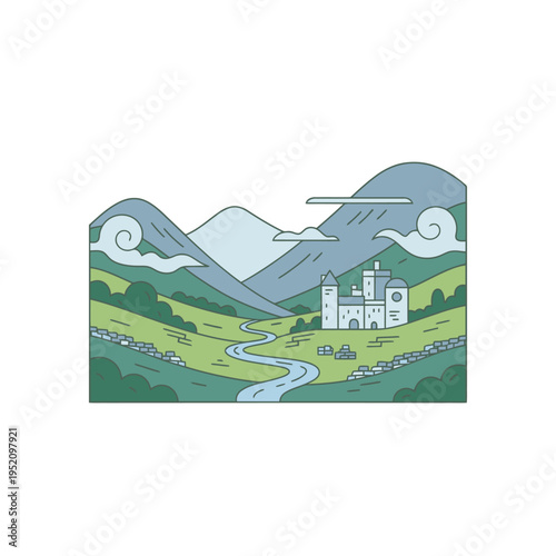 Medieval Castle in a Lush Green Valley Landscape.