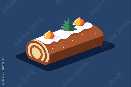 Traditional yule log cake or Buche de Noel vector illustration, delicious holiday dessert with chocolate frosting and festive decorations for Christmas menus
