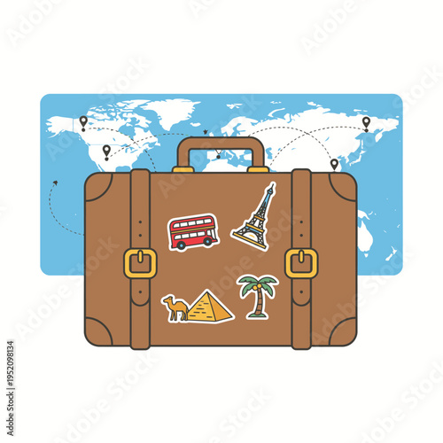 Vintage travel suitcase with stickers of world landmarks and a world map in the background, symbolizing global travel and adventure