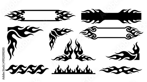 Collection of black tribal fire vector silhouettes. Features blank flame banners, empty text frames, corner accents, and continuous fire border decals