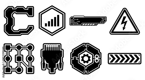 Collection of outlined black cyberpunk tech vector icons. Features ethernet plug, node network, warning triangle, mechanical gears, and signal bars