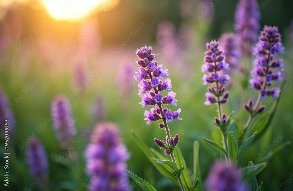 Obraz premium Purple and white vicia flowers bloom softly in lush green meadow at sunset. Sunlight illuminates delicate petals creating a tranquil natural scene.