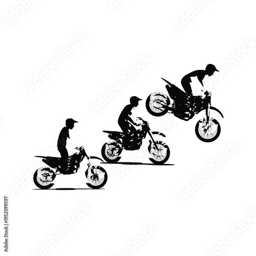 Silhouette of motocross riders performing jumps with dirt bikes