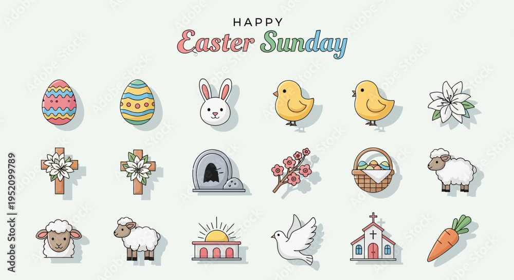 Fototapeta premium Vibrant collection of cheerful Easter icons featuring eggs, bunnies, chicks, and symbolic elements, perfect for celebrating the joyous spring holiday