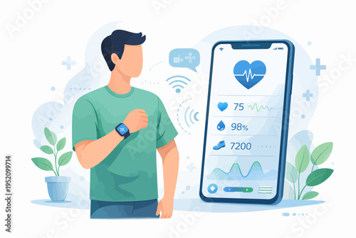 Remote healthcare monitoring with mobile health metrics dashboard, flat illustration