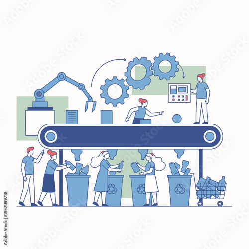 Recycling factory process with robotic arm and conveyor belt.