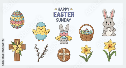 Happy Easter Sunday collection of cute cartoon illustrations, including Easter eggs, bunnies, chicks, and crosses