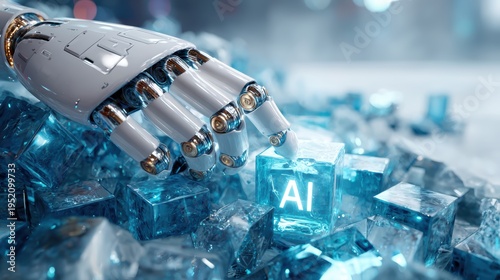 The AI Touch: An android hand gently interacts with a glowing AI cube, amidst a sea of crystalline structures, symbolizing the dawn of technological innovation and artificial intelligence.