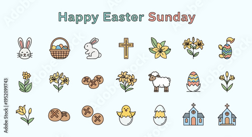 Delightful Easter Sunday vector icon collection, featuring charming bunnies, colorful eggs, blooming flowers, religious crosses, and traditional holiday treats for festive designs