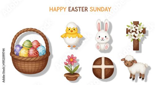 Happy Easter Sunday basket with colorful eggs, cute chick, bunny, cross, flower, and sheep illustration