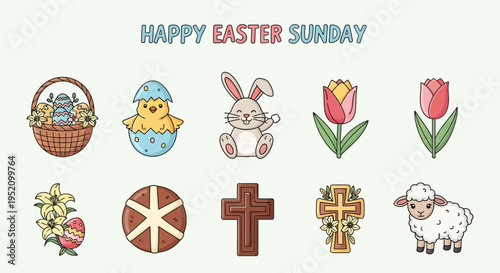Happy Easter Sunday Collection of Religious and Spring Symbols including Flowers, Animals, and Easter Eggs