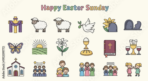 Vibrant vector illustrations depicting traditional Easter symbols, religious elements, and joyful celebrations for the holiday season