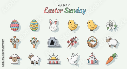 Vibrant collection of cheerful Easter icons featuring eggs, bunnies, chicks, and symbolic elements, perfect for celebrating the joyous spring holiday