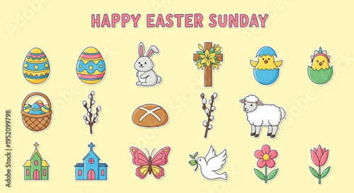 Happy Easter Sunday Icons Eggs, Bunnies, Cross, Chicks, Sheep, Churches, Butterflies, Doves, Flowers, and Tulips