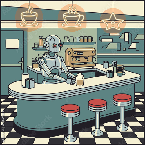 Retro robot barista serving coffee at a diner counter.