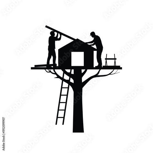 Silhouetted figures constructing a treehouse in a deciduous tree