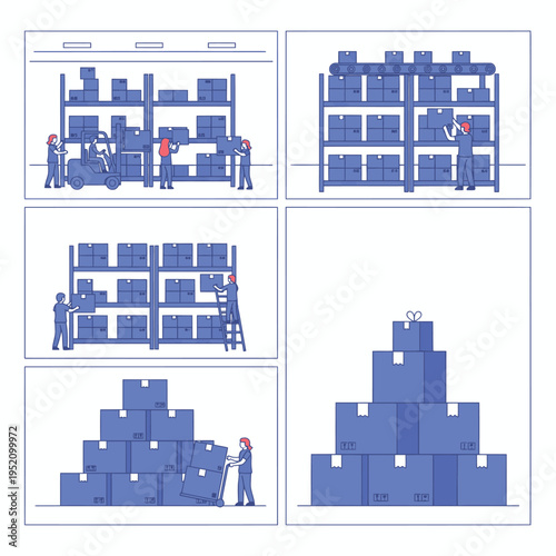 Warehouse operations including inventory management, logistics, and goods distribution with forklifts, dollies, and shelving units, showcasing efficient supply chain processes