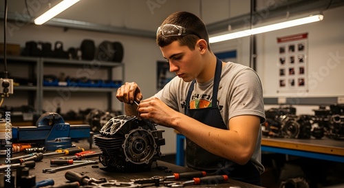 Young Apprentice Mechanic Focused on Disassembling Motor in Training Center