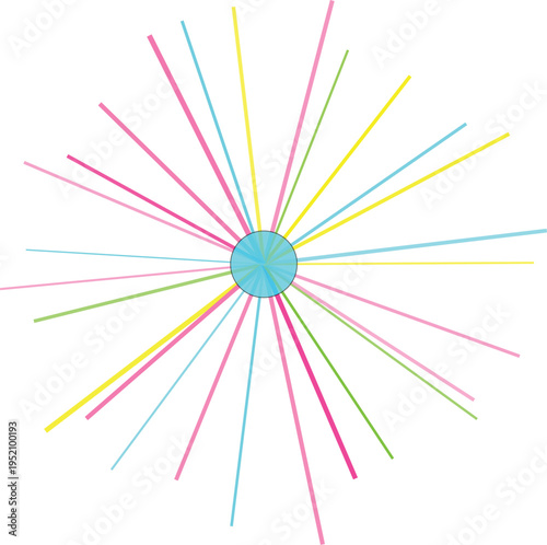 Abstract colorful starburst vector illustration with radiating lines in pink, yellow, green, and blue, emanating from a central light blue circle, ideal for modern graphic design, backgrounds