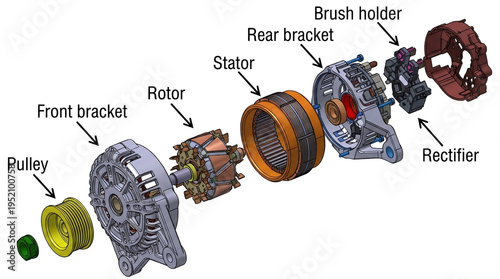 Exploded view of an automotive alternator with labeled components and parts Keywords: alternator, car part, engine component, automotive, electrical, mechanical
