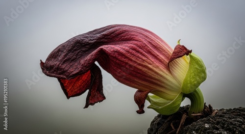 Wilting dark red flower drooping from a rocky surface in the fog