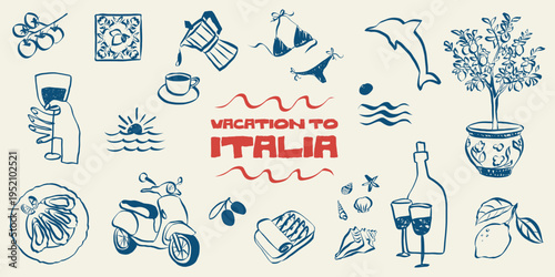 Beach doodle set featuring Italian summer icons: sea waves, palm trees, lemons, wine and Italian coastal sketches perfect for vintage travel postcards and Mediterranean designs. Vacation to Amalfi