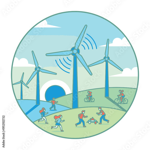 Sustainable energy for active lifestyles wind turbines power a recreational landscape with people enjoying outdoor activities