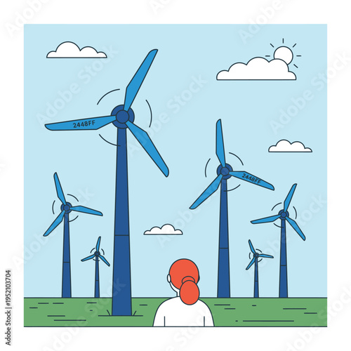 Woman observing a wind farm with multiple turbines.
