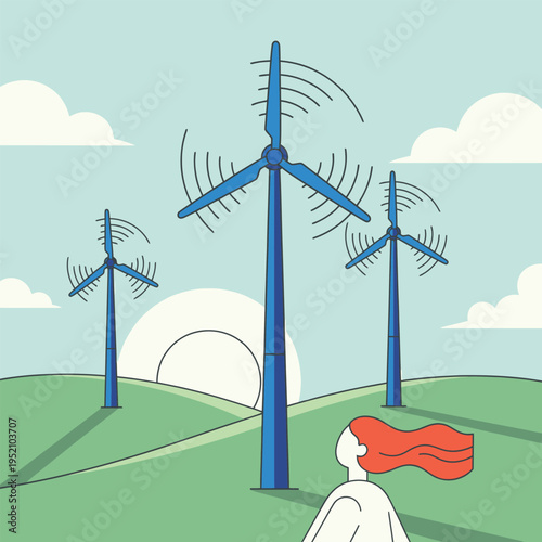 Wind turbines generating clean energy in a rural landscape with a woman looking towards the horizon