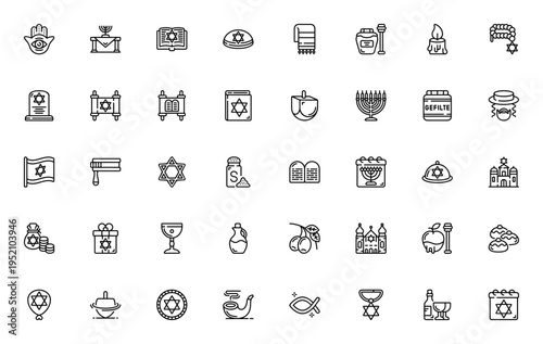 Judaism icon set. Vector symbols pack featuring Hamsa, Menorah, Star, Scroll, Rabbi, Synagogue, Wine, Oil, and more. Editable thin line illustrations.