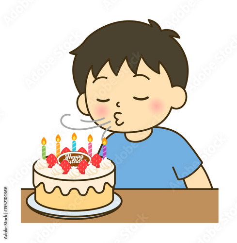 ろうそくを吹き消す男の子のイラスト 誕生日シーン素材