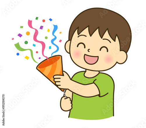 クラッカーを鳴らす男の子のイラスト 誕生日パーティー素材