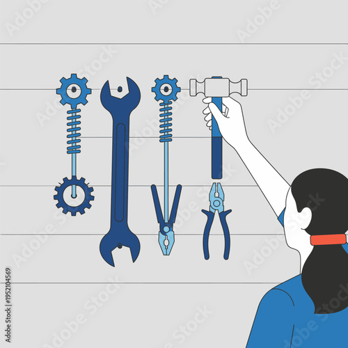 Creative illustration of a person reaching for a variety of tools, including wrenches and pliers, from a wall rack