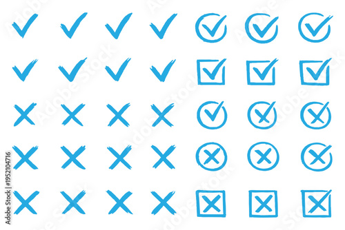 Check mark icons set. Green brush stroke check mark, tick symbols, checklist signs. Grunge brush stroke signs. Grunge checkmark design. Dirty grunge stroke checkmark sign vector illustration Handdrawn