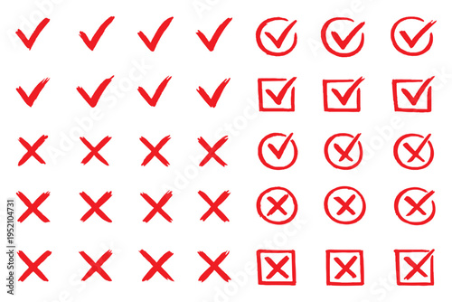 Check mark icons set. Green brush stroke check mark, tick symbols, checklist signs. Grunge brush stroke signs. Grunge checkmark design. Dirty grunge stroke checkmark sign vector illustration Handdrawn