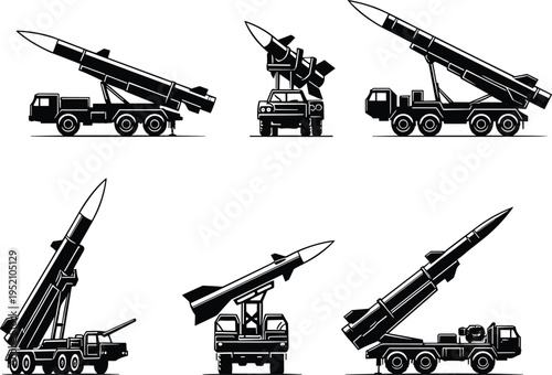 Military missile launcher truck set, ballistic rocket system silhouettes, army defense vehicle vector icons isolated on white background, tactical weaponry.