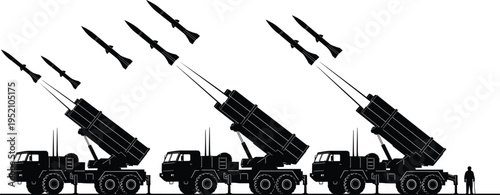 Military Missile Launcher Truck Vector Silhouette Launching Rockets in Air Defense System Illustration for War Conflict and Army Defense Technology.