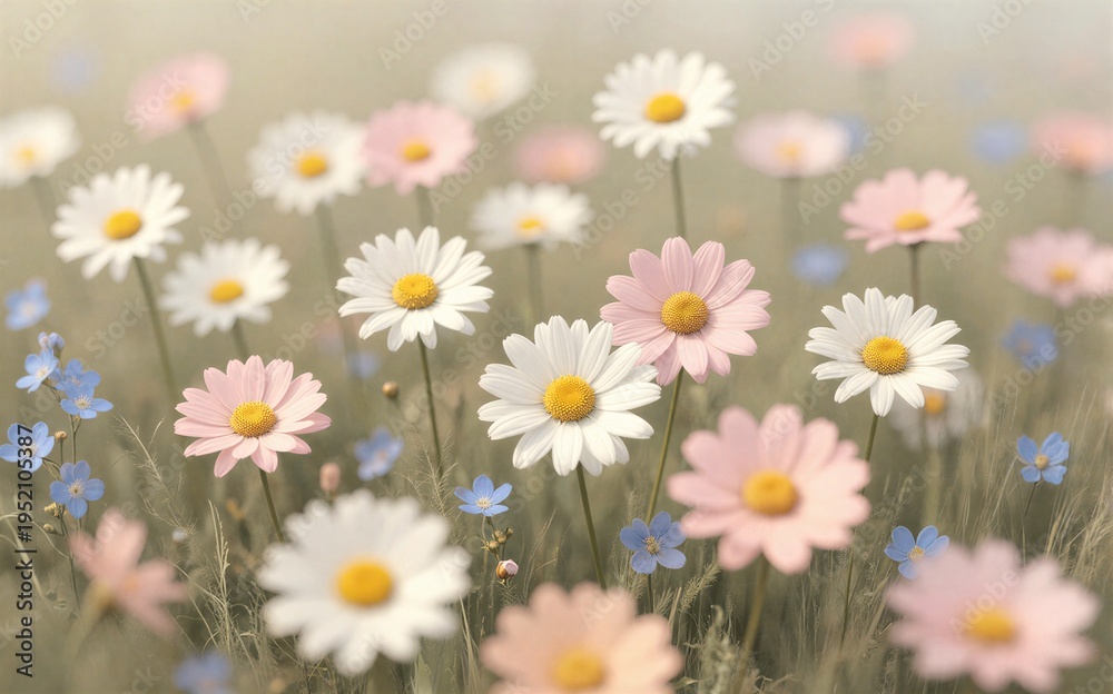 Fototapeta premium Soft daisies in pastel hues bloom gently in a misty sunlit meadow.