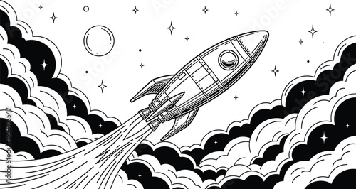 Retro rocket ship flying through space with stars and moon, vintage style space shuttle launch vector illustration, black and white.